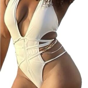 Plunge Halter Cutout One-Piece Swimsuit - Crème White